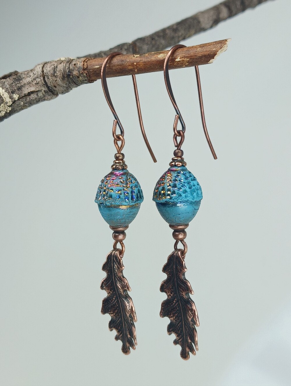Blue Czech Glass Acorn Earrings Copper Oak Leaf Woodland Hand Crafted - Picture 5 of 7